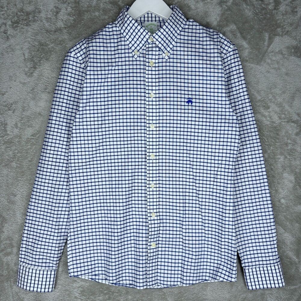 Brooks Brothers 1818 Shirt Mens Medium Blue White Check Non Iron Stretch Slim